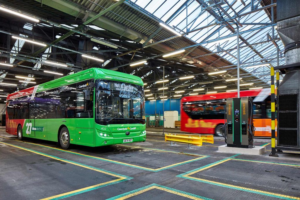 Buses arriving to be charged by Zenobe infrastructure at Cardiff bus depot