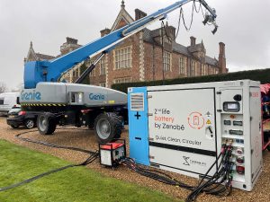 Zenobē Powerskid second-life battery powering a Genie lift on the set of Netflix’s The Crown, reducing emissions and noise.