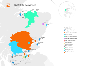 Map of Scotland highlighting the ScotZEB 2 Consortium locations, showing operators and the number of depot charge guns at each site.