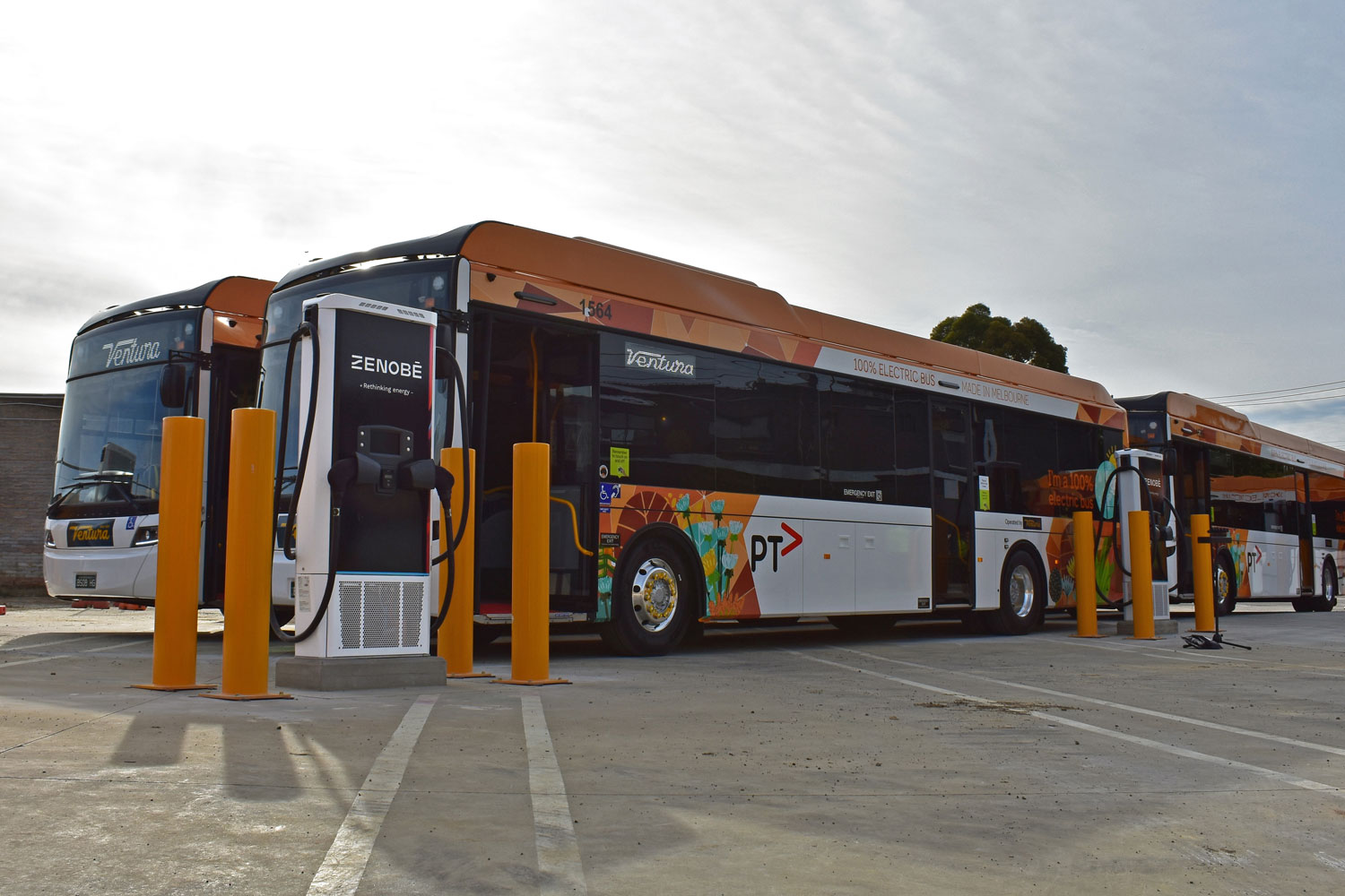 Ventura's all-electric bus fleet charging at the first fully electric bus depot in Victoria, designed and powered by Zenobē, showcasing innovative zero-emission public transport solutions.