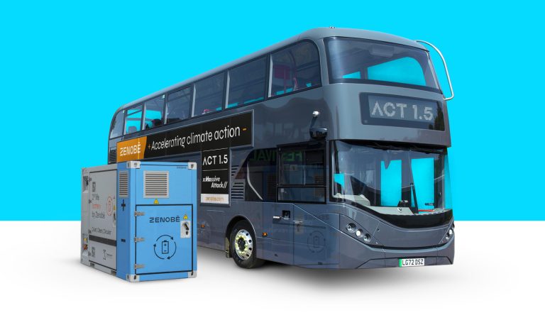 Zenobē second life battery next to an electric bus, advertising Massive Attack's ACT 1.5 Climate Action Accelerator