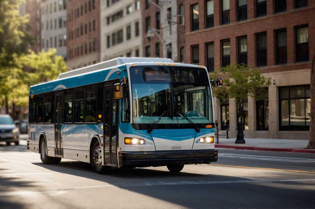 A modern electric transit bus navigates through an urban cityscape, surrounded by tall buildings and bathed in natural sunlight, representing eco-friendly public transportation in the USA.