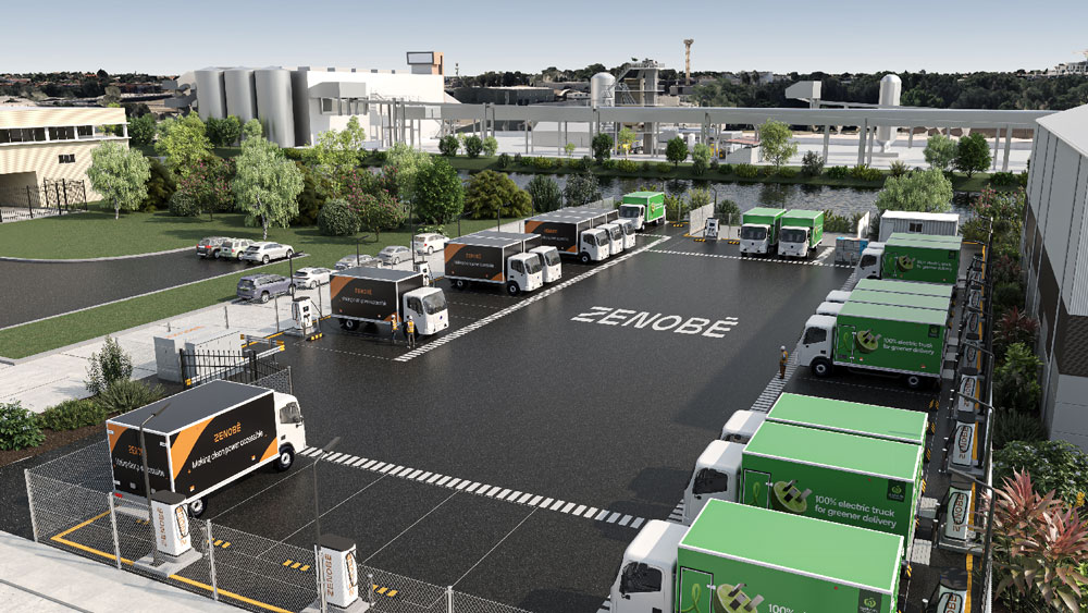 3D render of Zenobē’s offsite truck charging hub in South Sydney, featuring electric delivery trucks for Woolworths parked at charging stations around the lot.