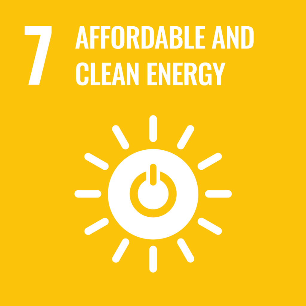 SDG 7: Affordable and Clean Energy icon featuring a sun with a power button in the center, symbolizing energy access and sustainability.