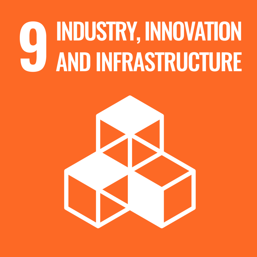 SDG 9: Icon showing interconnected cubes symbolizing industry, innovation, and infrastructure on an orange background.