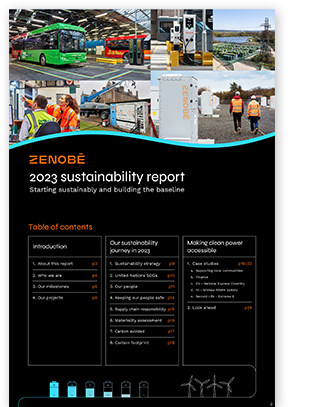 Cover page of Zenobē’s 2023 Sustainability Report, showcasing key achievements, carbon savings, and sustainability initiatives.