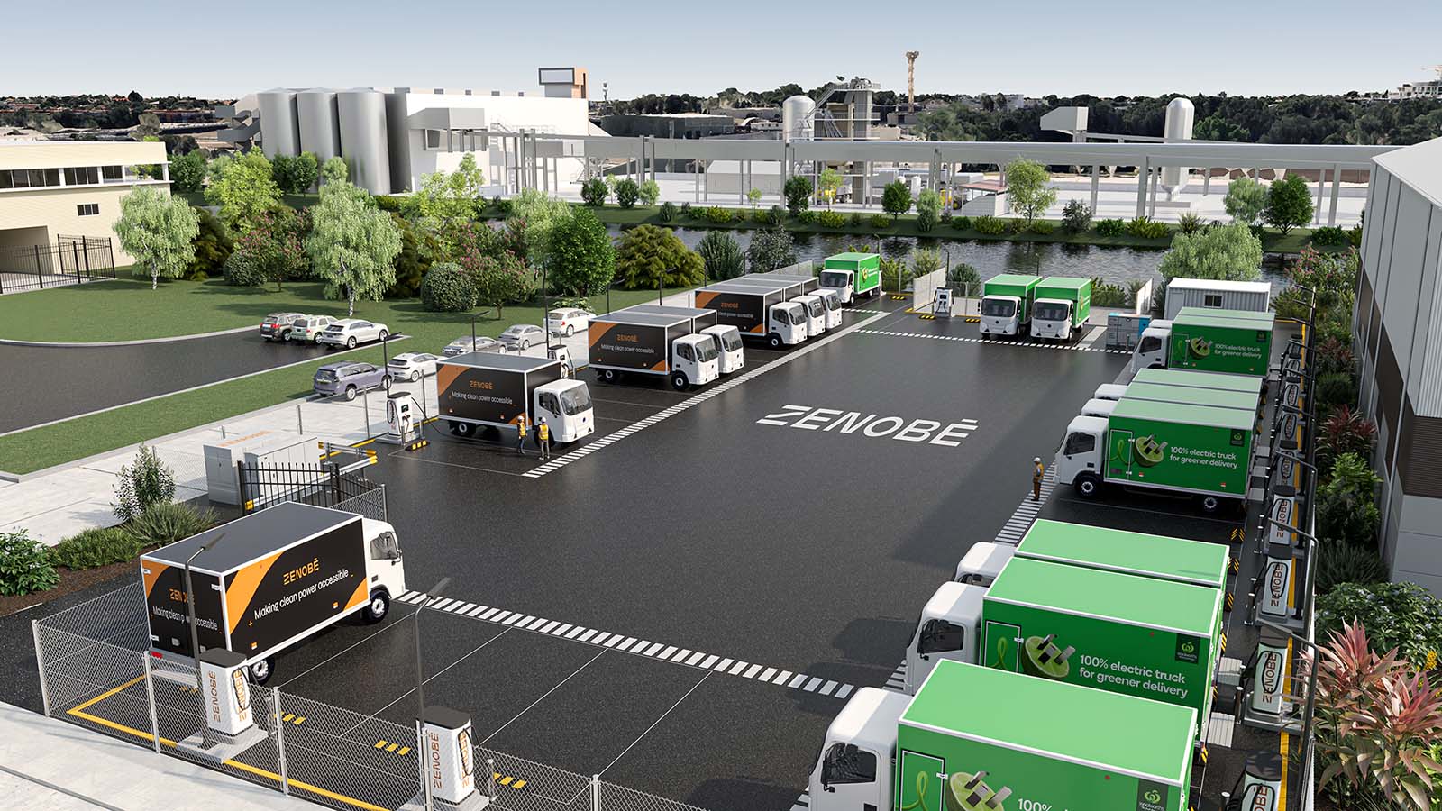 3D render of Woolworths’ smart charging hub, featuring Zenobē-branded and Woolworths electric trucks parked at EV charging stations in a modern, green facility.