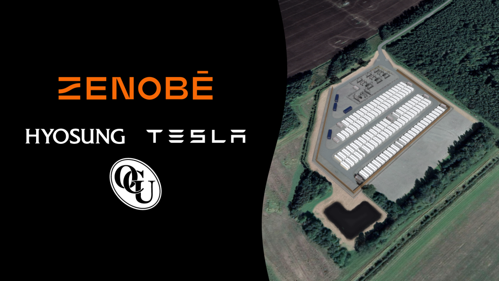 A 3D-rendered aerial illustration of the Eccles battery storage site, showing multiple rows of battery units, an electrical substation, and surrounding access roads within a fenced perimeter. The site is bordered by trees and farmland. On the left side, a black background features the Zenobē logo in orange, along with the logos of Tesla, Hyosung, and CGU, indicating key partners in the project. This render is for illustrative purposes only.