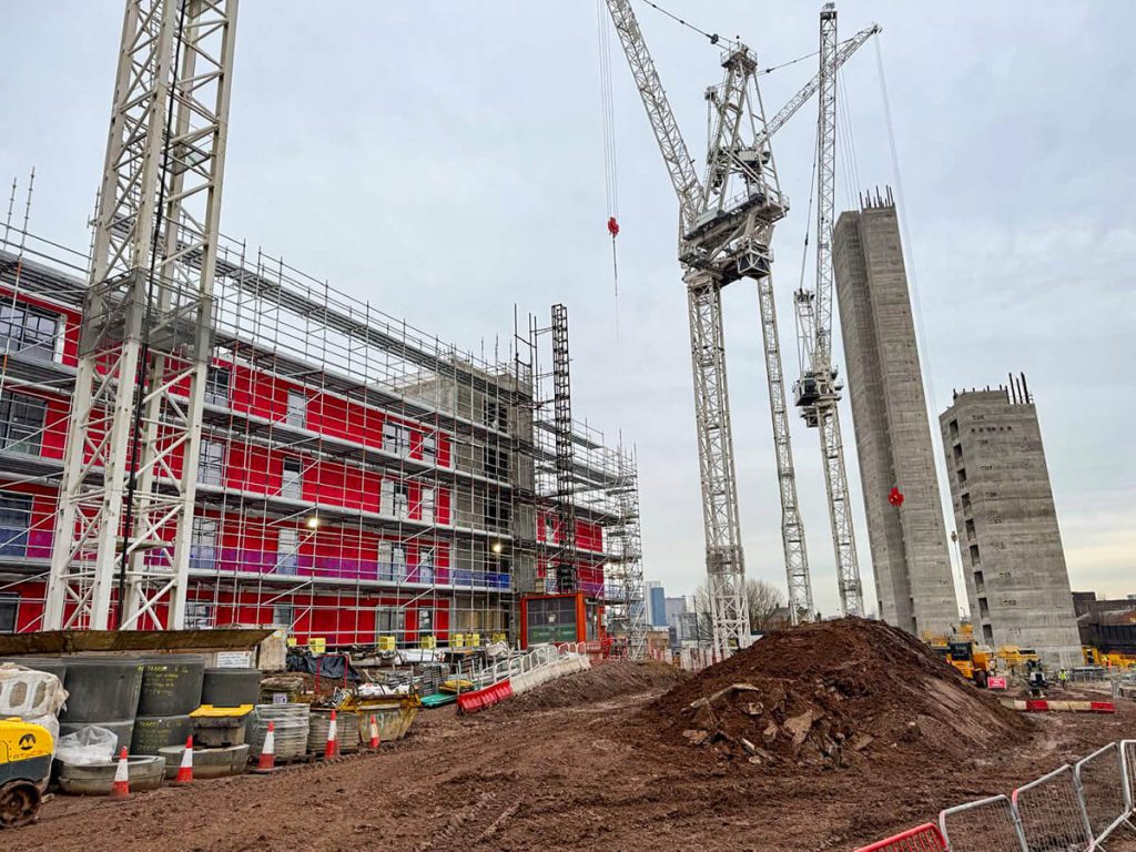 Photograph of cranes set up at a construction site in Birmingham.