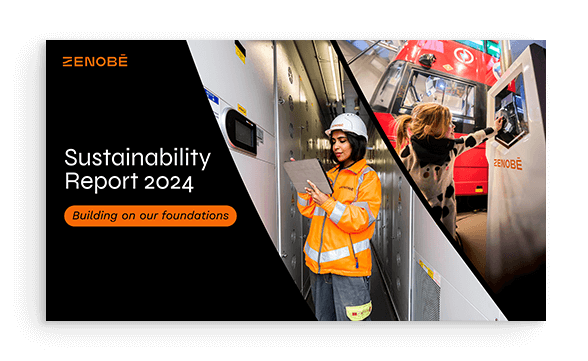 Preview of front page of the Zenobē 2024 Sustainability Report, with photos of a woman working on a battery site and a photo of a girl touching an EV charger.
